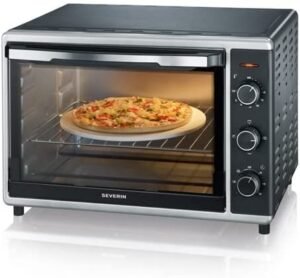 SEVERIN 42 L Mini Horno Asistido por Ventilador con Piedra para Pizza y Asador, Horno Independiente 1800 W Diseño Elegante, Mini Horno Eléctrico con Temporizador de 120 min, Negro/Acero Inoxidable, TO 2058