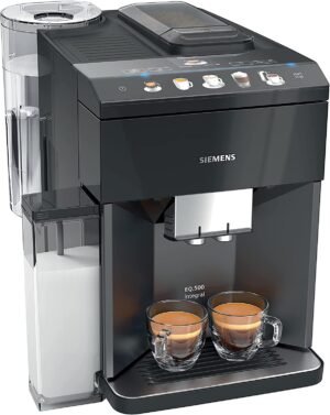 Siemens EQ.500 integral TQ505R09 – Cafetera automática con pantalla táctil – Permite preparar dos tazas simultáneamente – Sistema iAroma – Color: Negro
