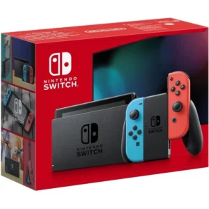 Consola Nintendo Switch con un Joy-Con rojo neón y un Joy-Con azul neón