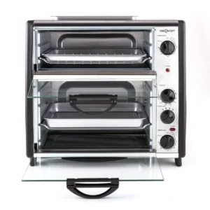 OneConcept All-You-Can-Eat Horno eléctrico de dos compartimentos con placa grill (total 42L: 28L + 14L) - 2400W - Acero inoxidable plateado