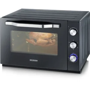Horno independiente SEVERIN XXL con calor asistido por ventilador 60 L, Horno independiente con piedra para pizza y asador 2.200 W Diseño simple y elegante, Horno eléctrico con temporizador de 120 min, Negro/Acero inoxidable, TO 2073
